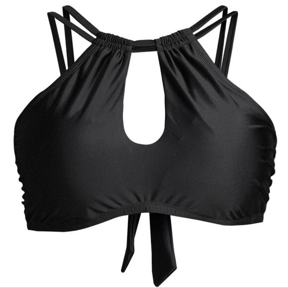 Black Bikini Top NWT Women's High Neck Keyhole Swimsuit Halter Strappy Small 4/6 - Picture 1 of 12